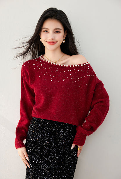 SD-Off Shoulder Shining Beads Pullover Sweater