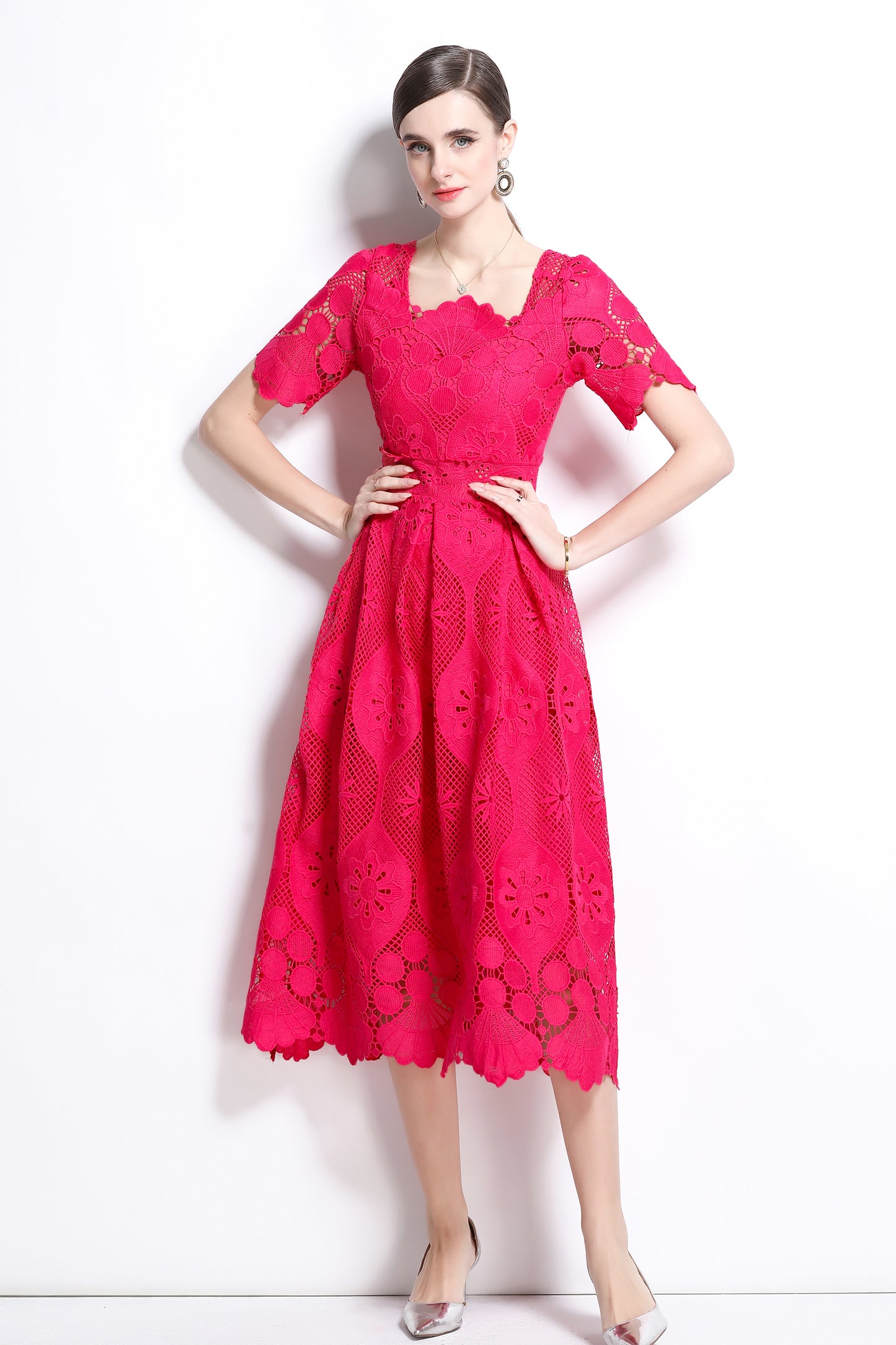 Women's Lace Hollow Solid Color Midi Dress