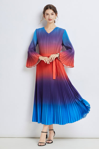 Elegant Pleated V Neck Print Casual Maxi Dress