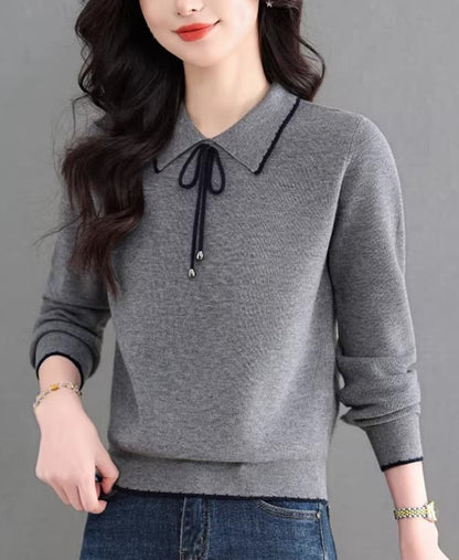 Contrast Trim Bow Collar Knit Top Long Sleeve Soft Sweater