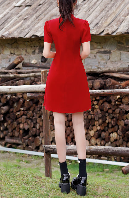 Phoenix Embroidery Mandarin Collar Mini Dress | Unique Wedding Guest Dress
