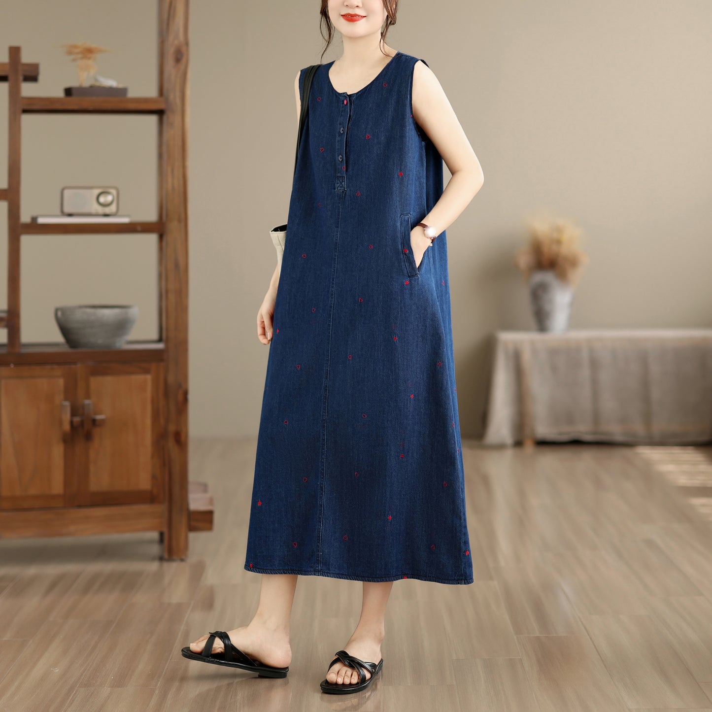 Sleeveless Denim Loose Lightweight Jean Midi Dress with Pockets