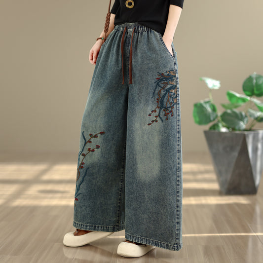 26-Women's Baggy Jeans Embroidery Wide Leg Denim - LAI MENG FIVE CATS