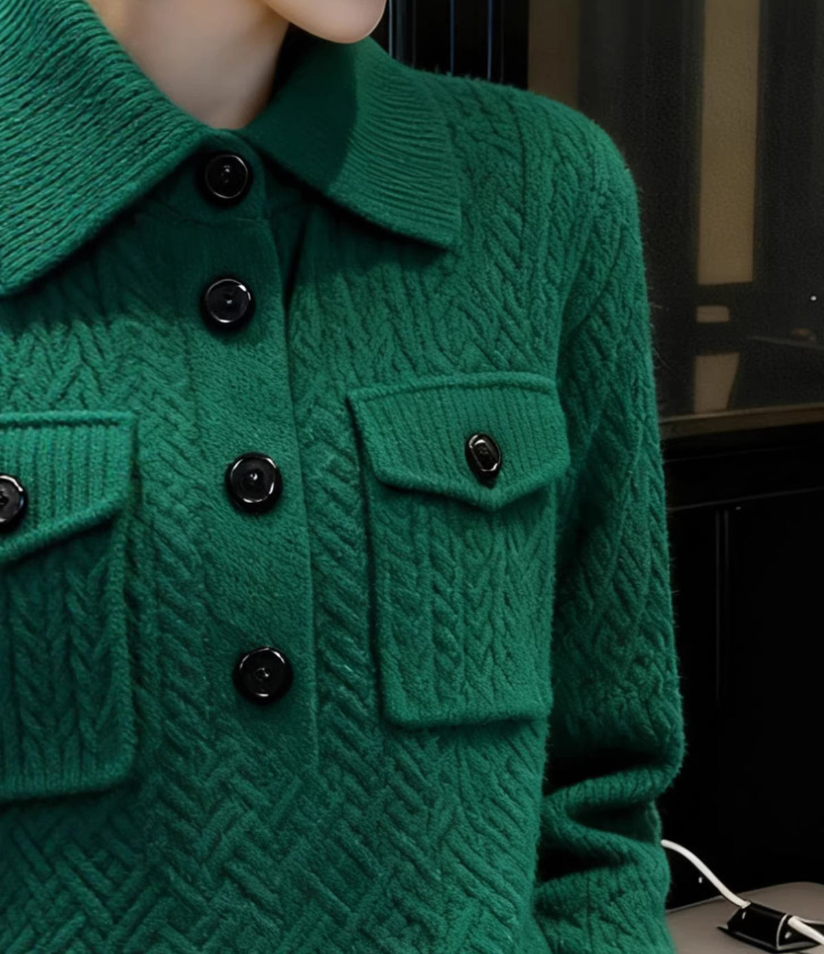 28694 Emerald Green Textured Knit Polo Sweater