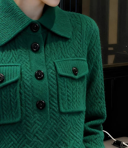 28694 Emerald Green Textured Knit Polo Sweater