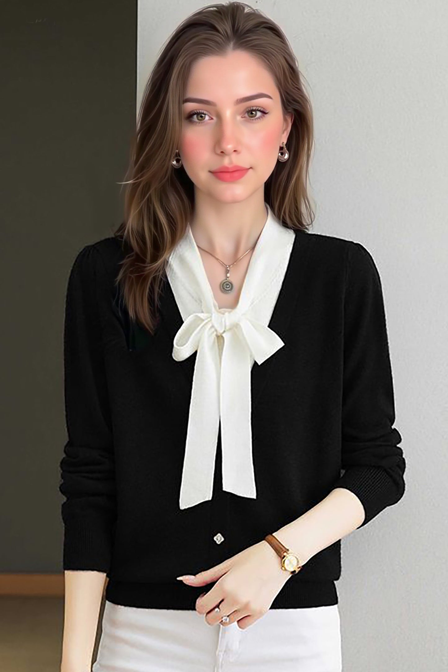 Women's Color Block Tie Neck Knit Top Sweater