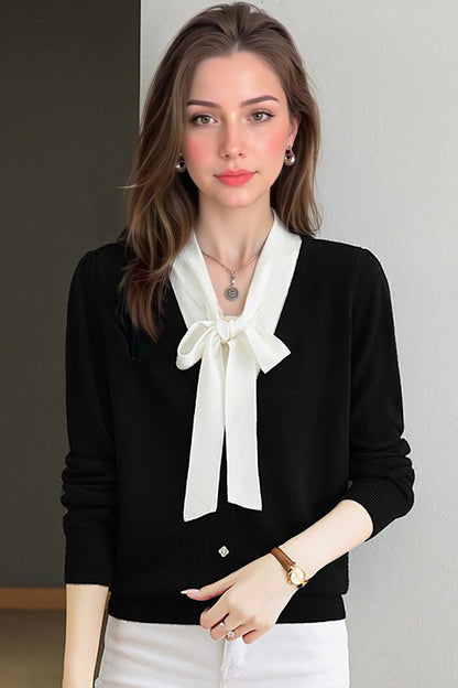 Women's Color Block Tie Neck Knit Top Sweater