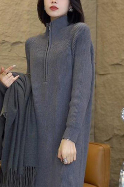 Women's Knit Long Sleeve Quarter Zip Sweater Maxi Dress
