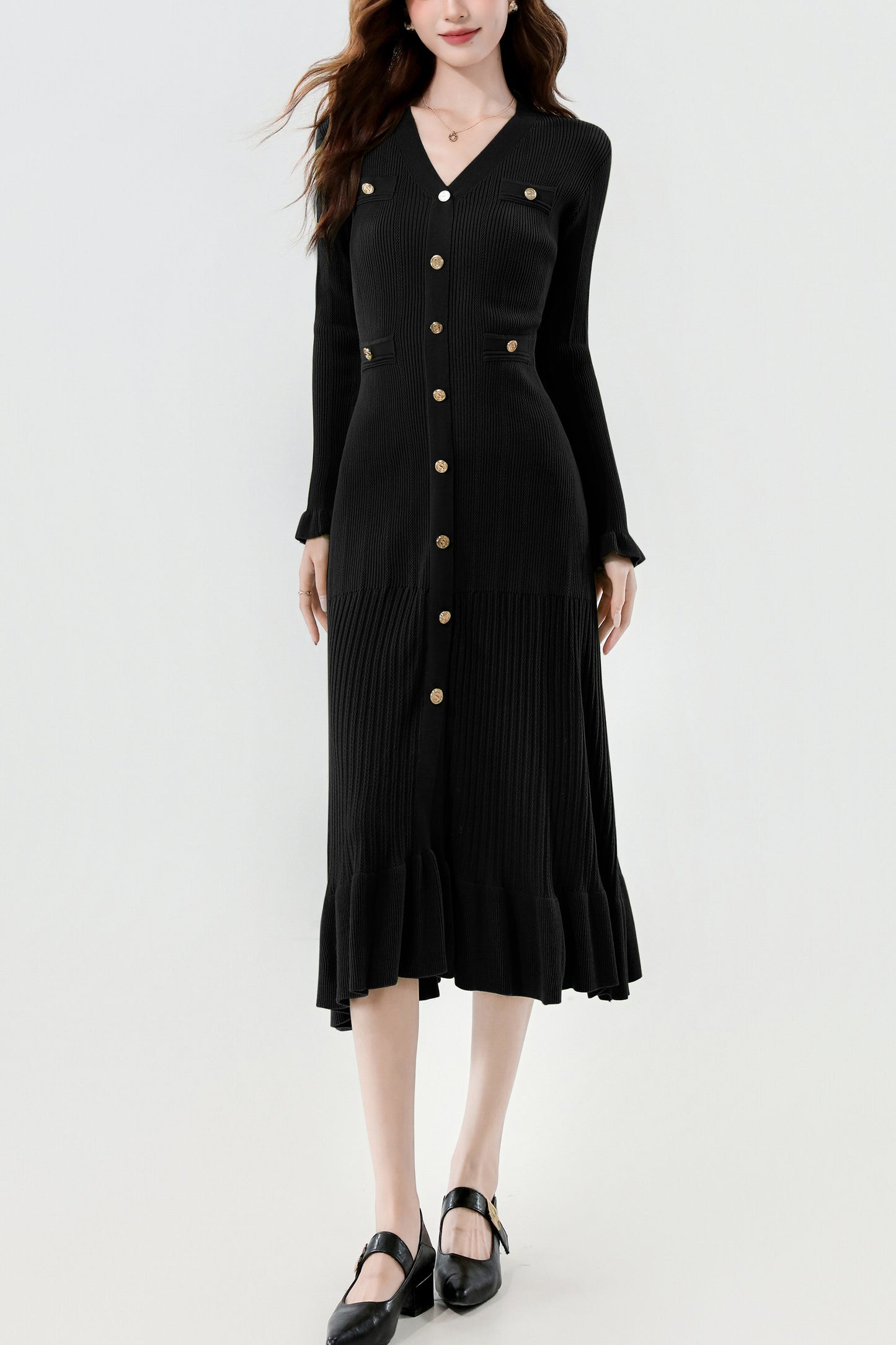 Women's V-Neck Sweater Knit Fishtail Hem Midi Dress