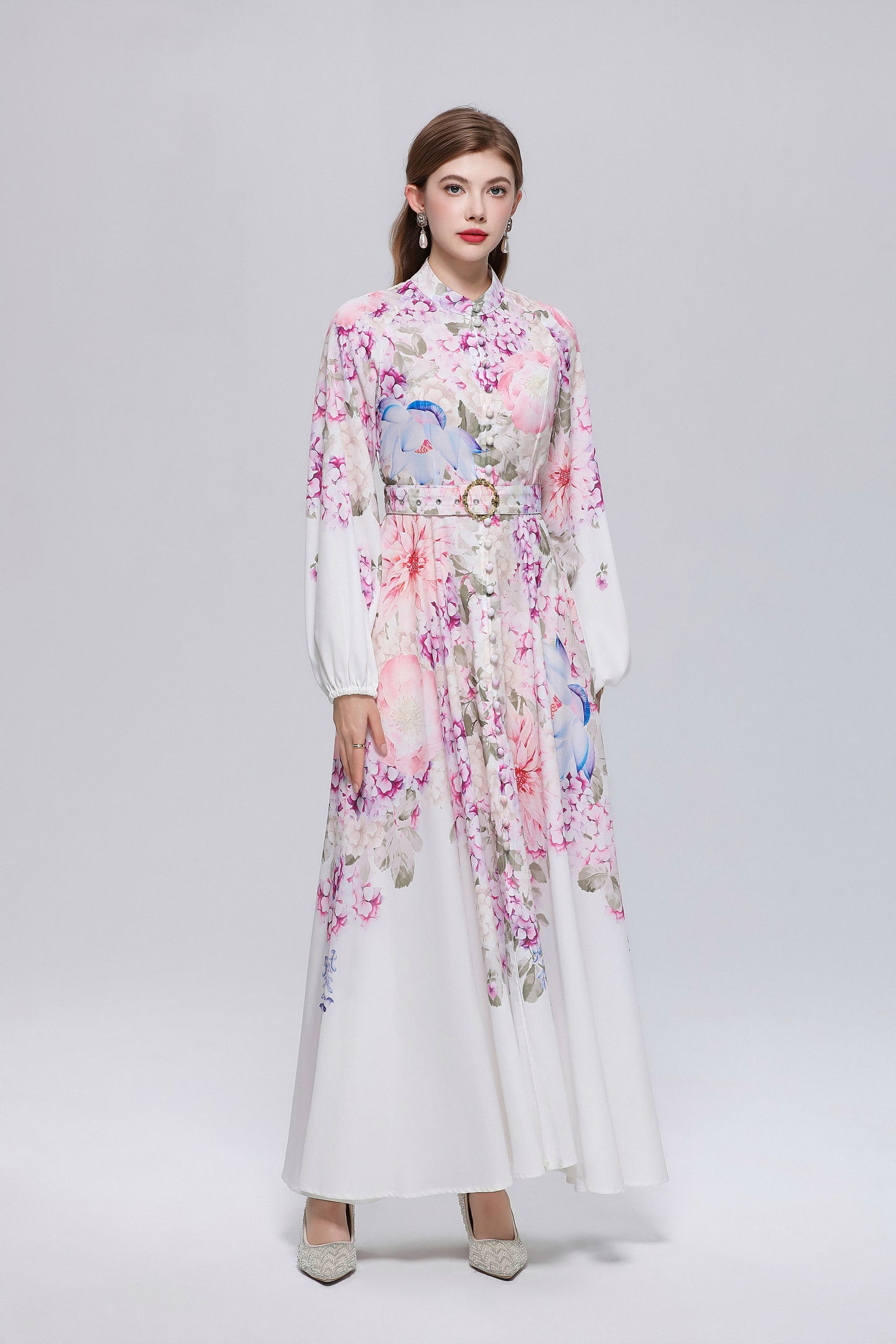 26-Women Floral Print Button Flowy Maxi Belt Dress - LAI MENG FIVE CATS