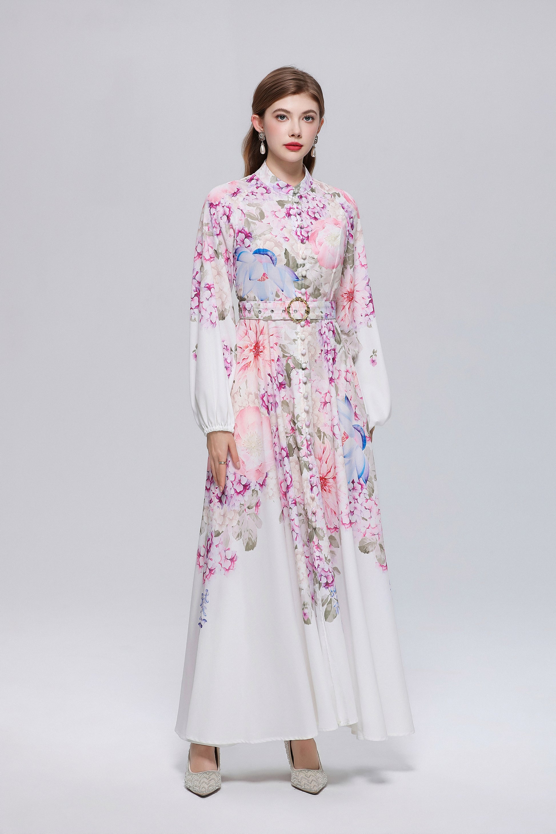 26-Women Floral Print Button Flowy Maxi Belt Dress - LAI MENG FIVE CATS
