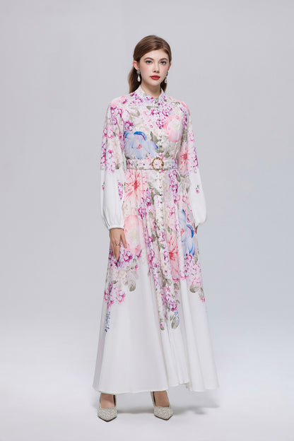 26-Women Floral Print Button Flowy Maxi Belt Dress - LAI MENG FIVE CATS
