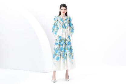 Women's V-Neck Lantern Sleeve Floral Print Maxi Dress