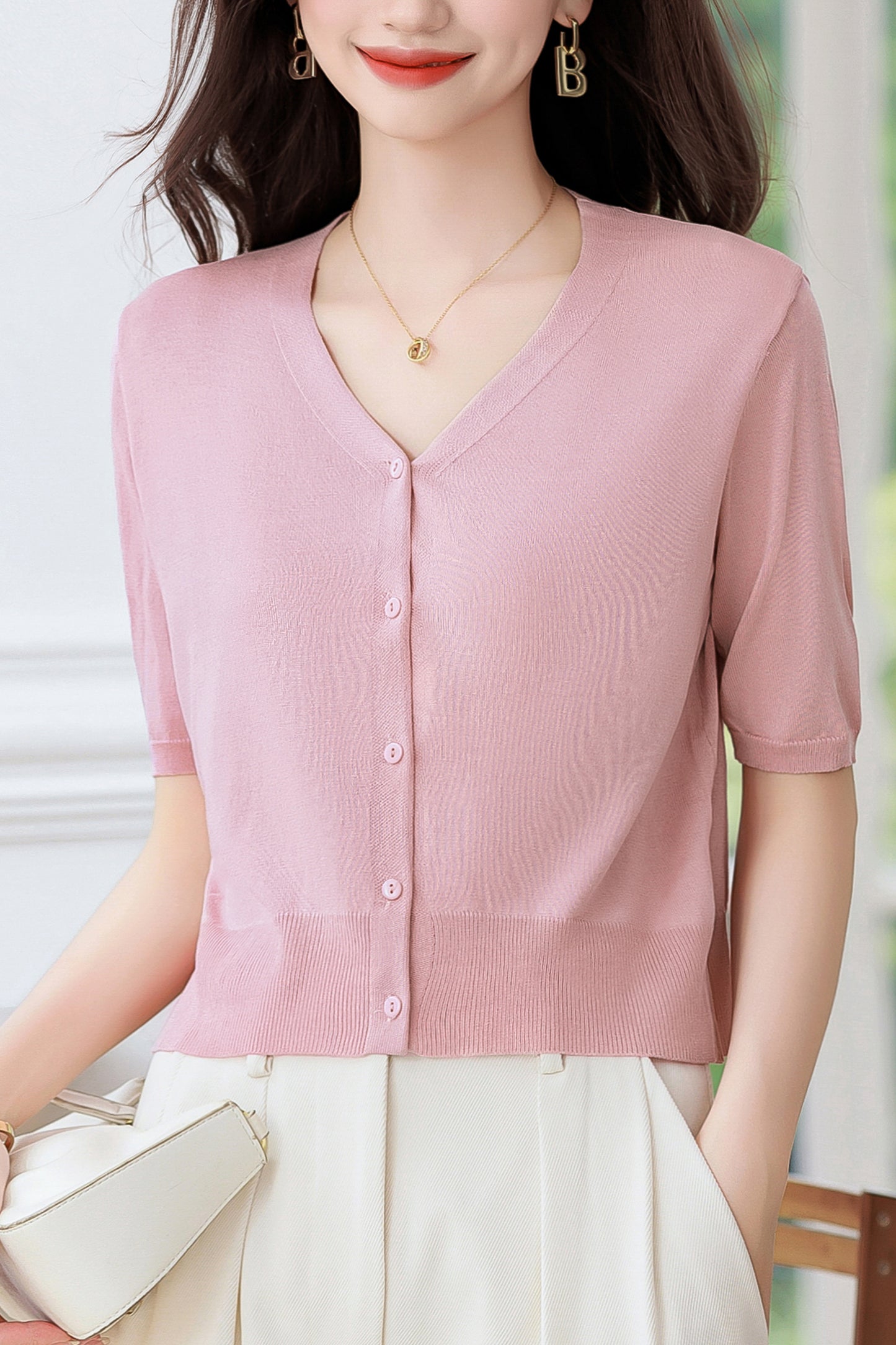 Women's Short Sleeve Ribbed Knit Cardigan Tops