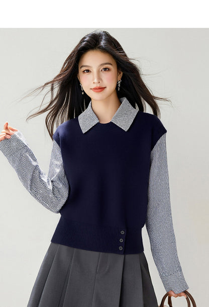 Women's Collared Stirpe Long Sleeve Pullover Sweater