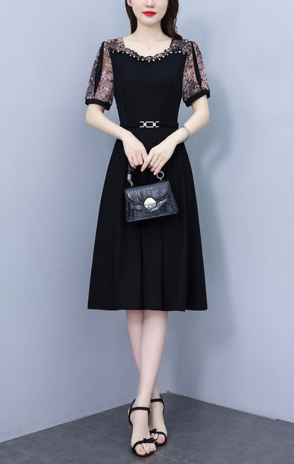 Women's Short Sleeve Pocket A-line Stretch Midi Dress