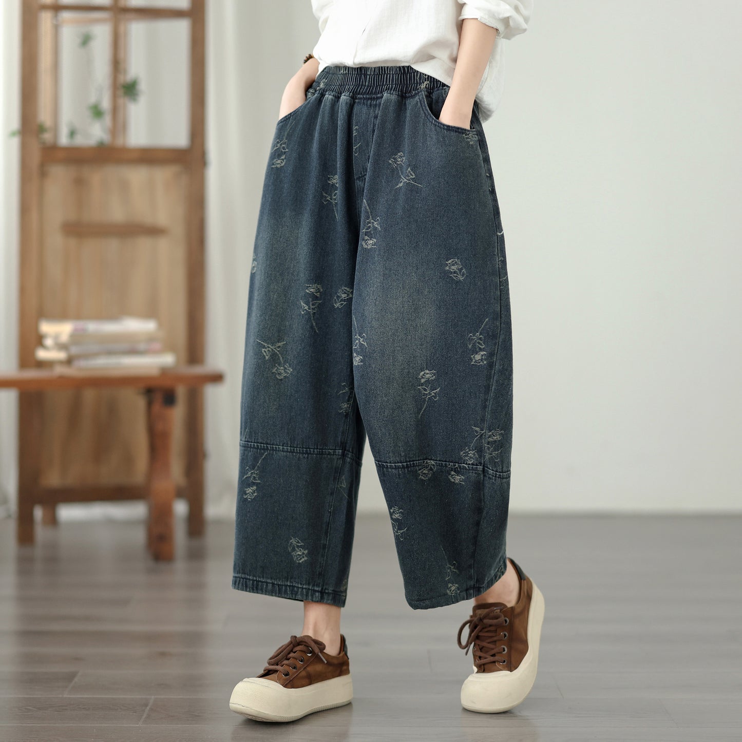 26-Women's Harem Baggy Jeans Drawstring Barrel Denim - LAI MENG FIVE CATS