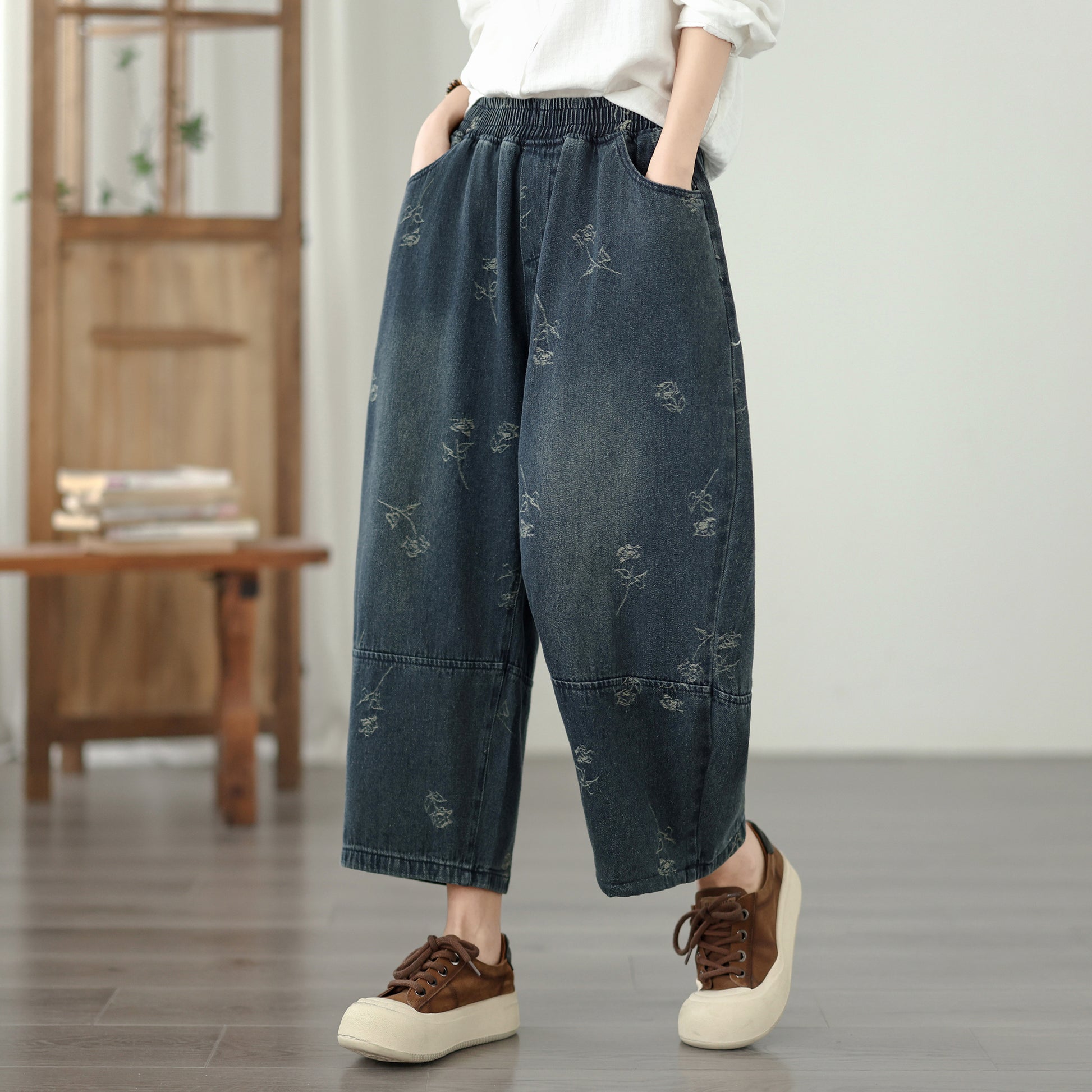 26-Women's Harem Baggy Jeans Drawstring Barrel Denim - LAI MENG FIVE CATS