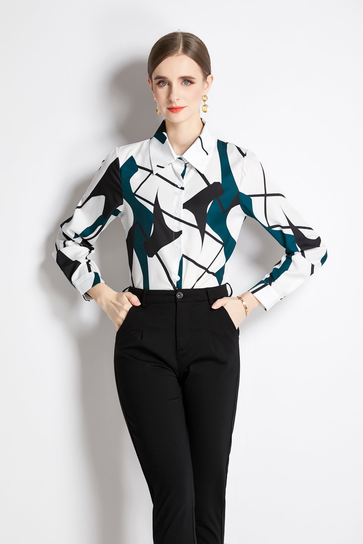 ESY-Women's Long Sleeve Lapel Collar Print Button Blouse - LAI MENG FIVE CATS