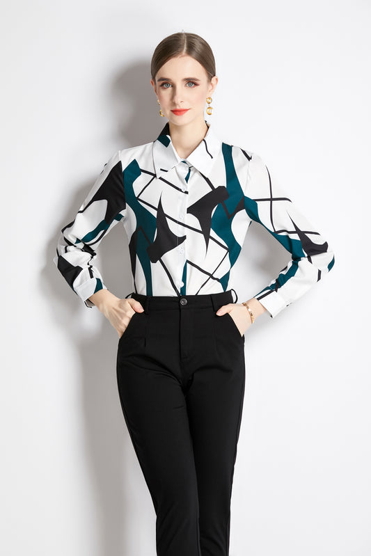 ESY-Women's Long Sleeve Lapel Collar Print Button Blouse - LAI MENG FIVE CATS