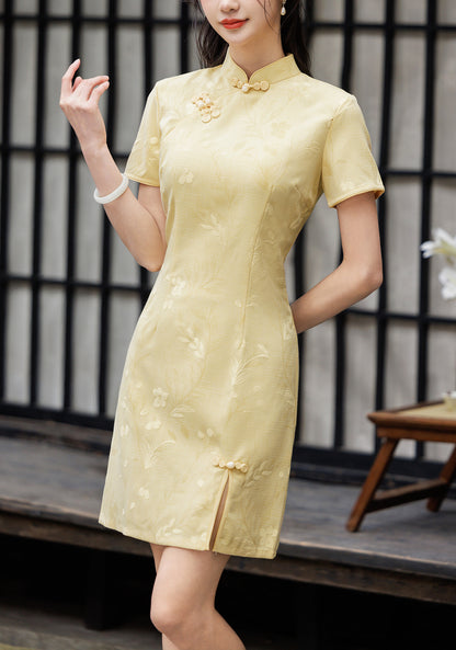 Light Yellow Floral Jacquard Cheongsam Mini Dress Short Sleeve Chinese Dress