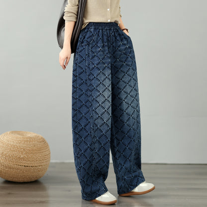 28674-Vintage Plaid Denim Wide Leg Pants with Drawstring Waist