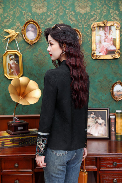 Women's Silk Satin Mandarin Collar Long Sleeve Blouse Top - LAI MENG FIVE CATS