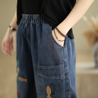 Women Denim Jeans Elastic Waist Harem Short Pants