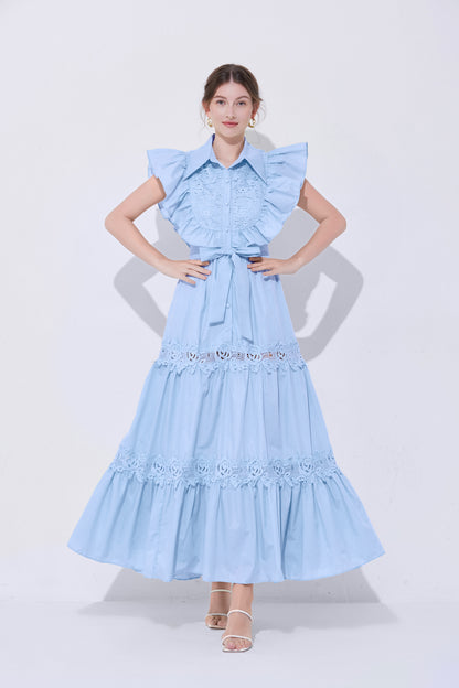 Women's Sleeveless Ruffles Lace Button  Mixi Dress