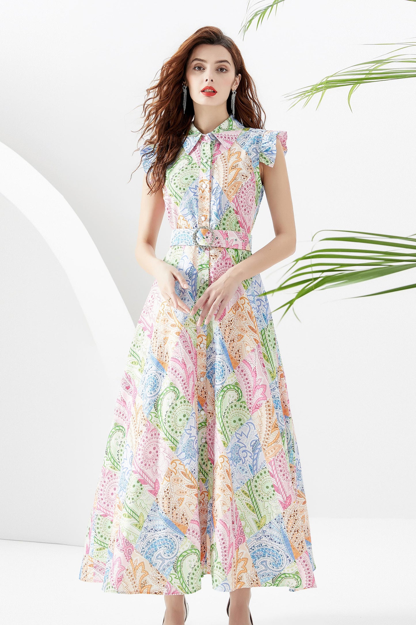 Floral Print Sleeveless Maxi Dress with Belt