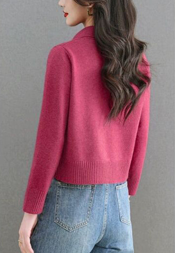 Textured Knit Zip-Up Cardigan Polo Collar Cropped Outerwear