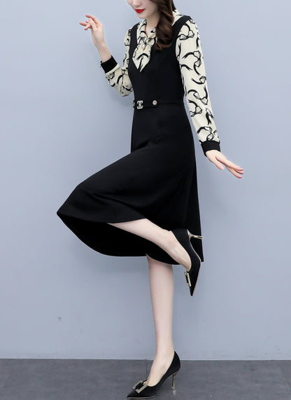 Women's Elegant Tie Neck Long Sleeve Black Dress - LAI MENG FIVE CATS