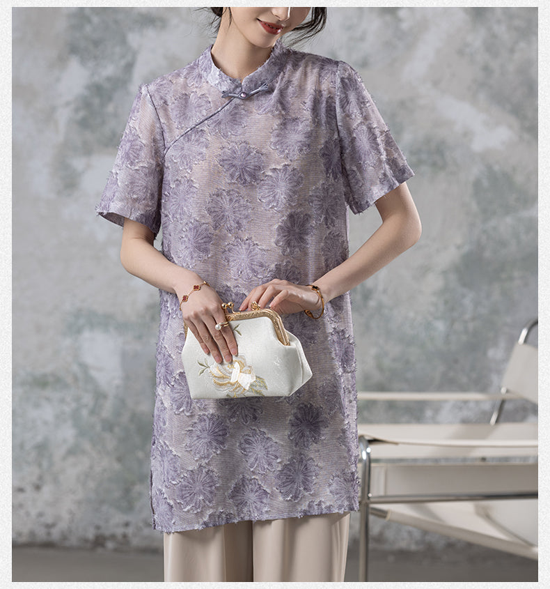 Women's Short Sleeve Button Print Qipao Satin Blouse