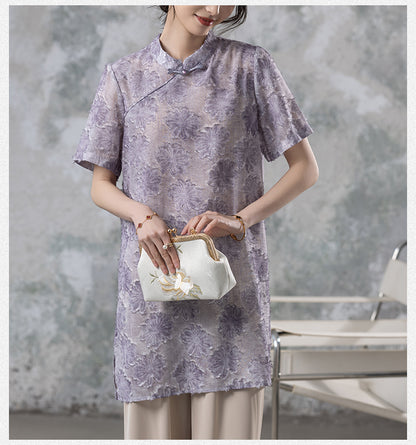 Women's Short Sleeve Button Print Qipao Satin Blouse