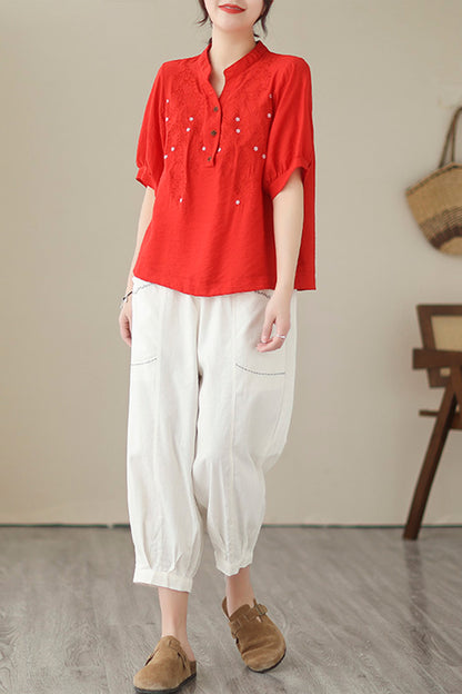 Red Embroidery Print Henley V Neck Linen Tunic Blouse