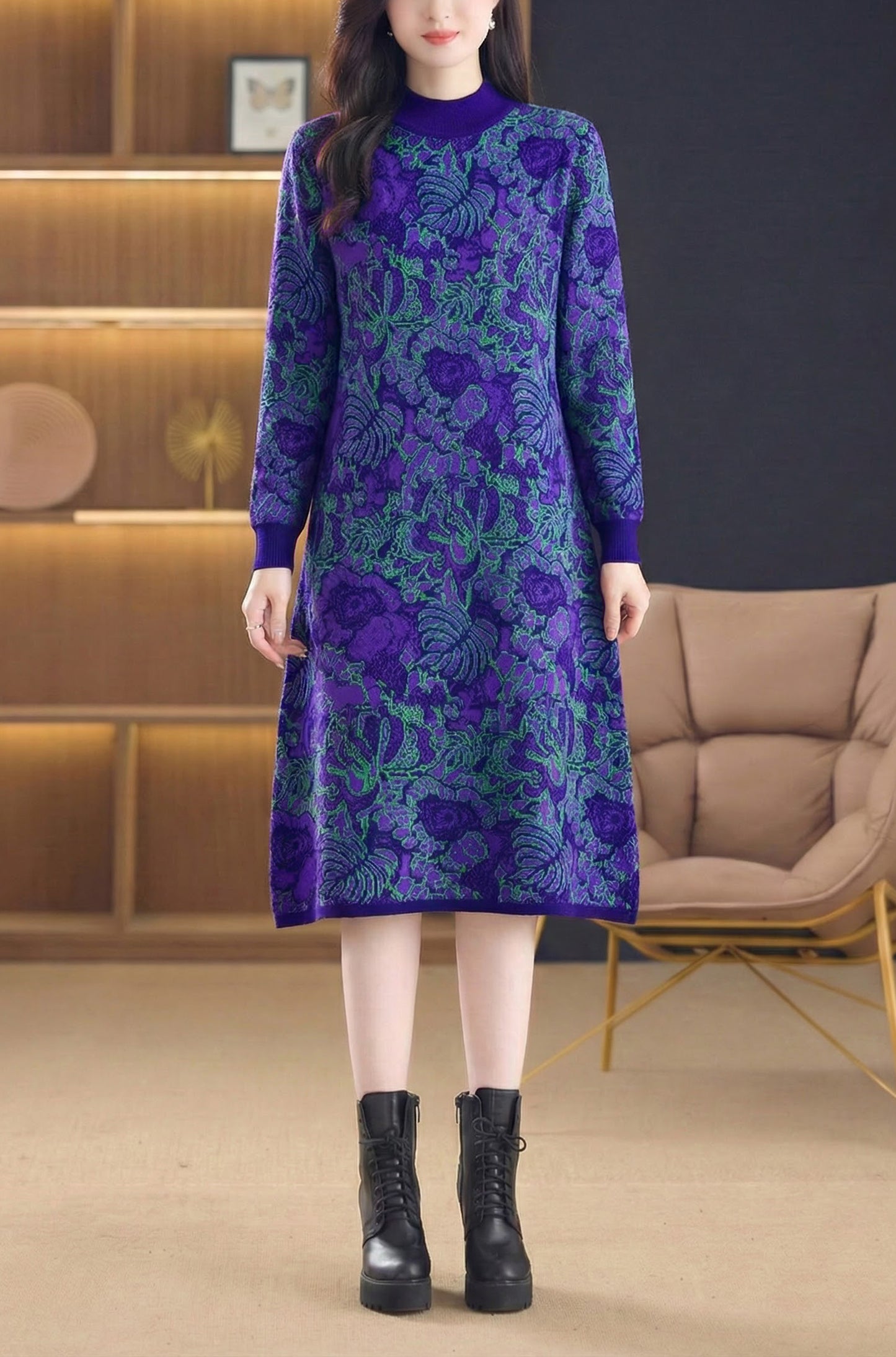 Women's Long Sleeve Knit Stretch Sweater Midi Dress