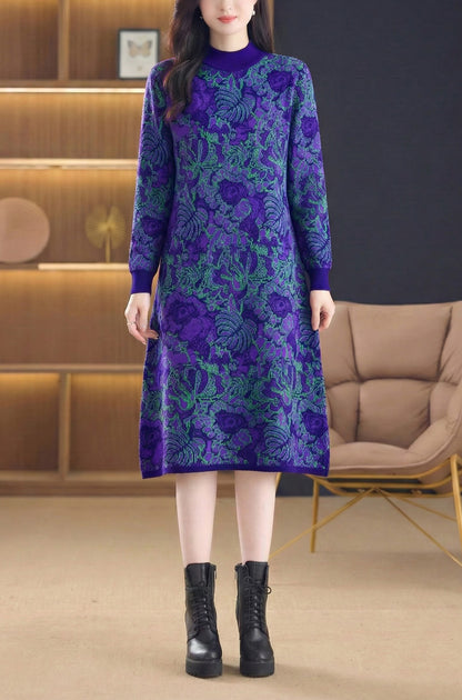 Women's Long Sleeve Knit Stretch Sweater Midi Dress