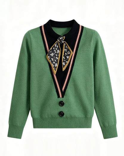 Tie-Neck Knit Sweater for Women | Lightweight Fall Pullover with Vintage-Inspired Collar