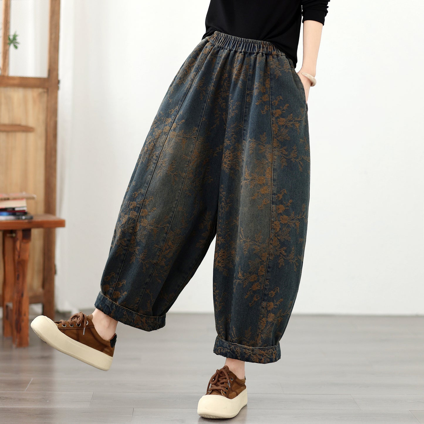 Women's Loose Floral Denim Jeans Elastic Waist Boho Lantern Pants