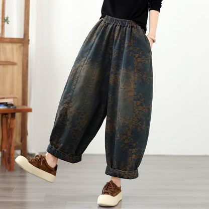 Women's Loose Floral Denim Jeans Elastic Waist Boho Lantern Pants