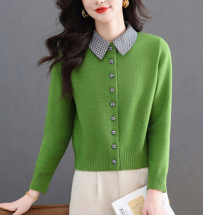 Contrast Gingham Collar Knit Cardigan – Vintage Button Sweater Top