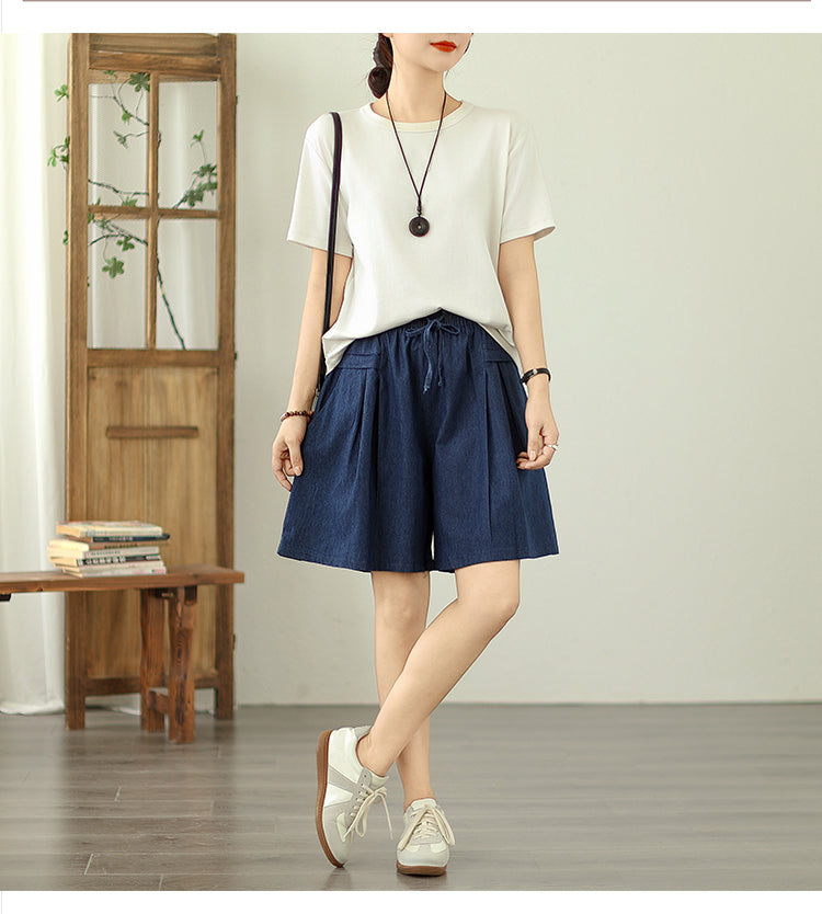 Women's High Waisted Baggy Jean Wide Leg Denim Shorts - LAI MENG FIVE CATS
