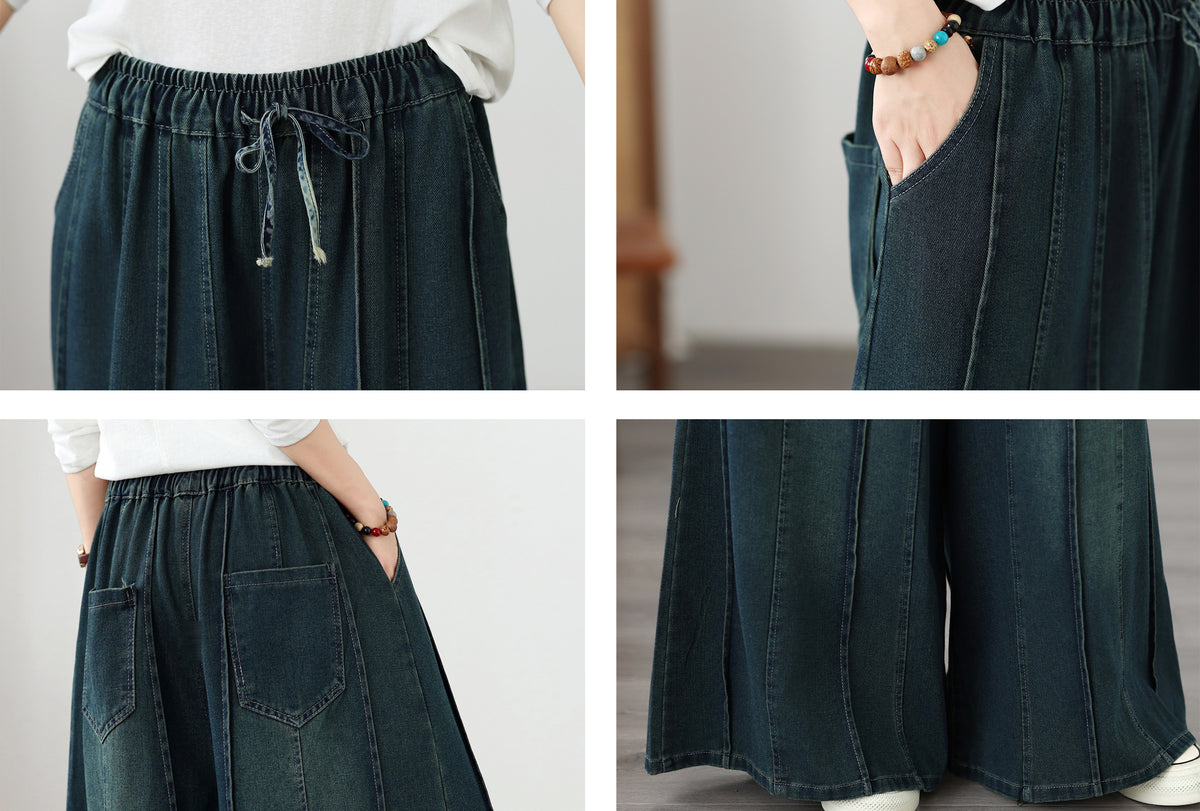 Women's Denim Wide Leg Pants - Drawstring Waist & Vertical Panel Details