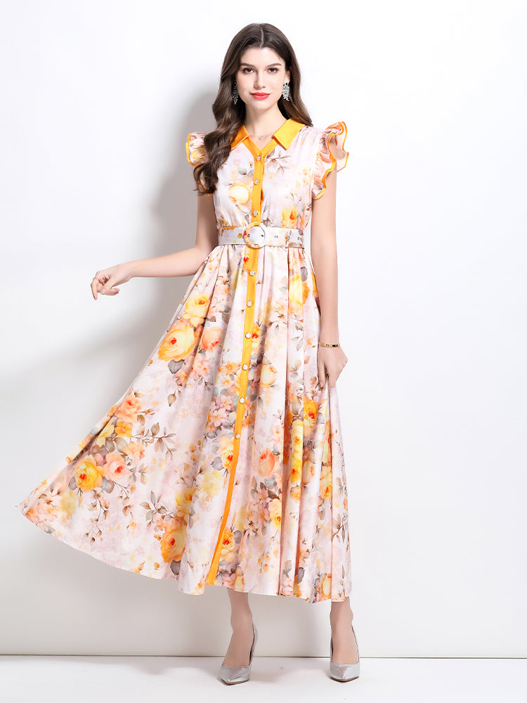 BK-Floral V Neck Sleeveless Ruffles Maxi Dresses