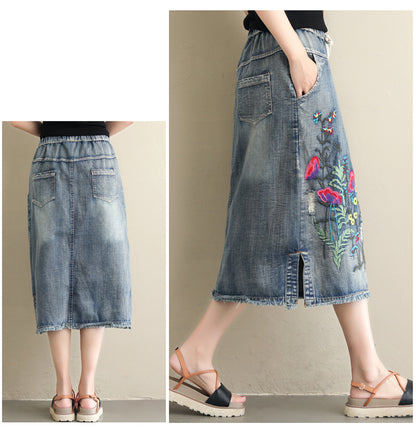 Embroidered Floral Denim Midi Skirt