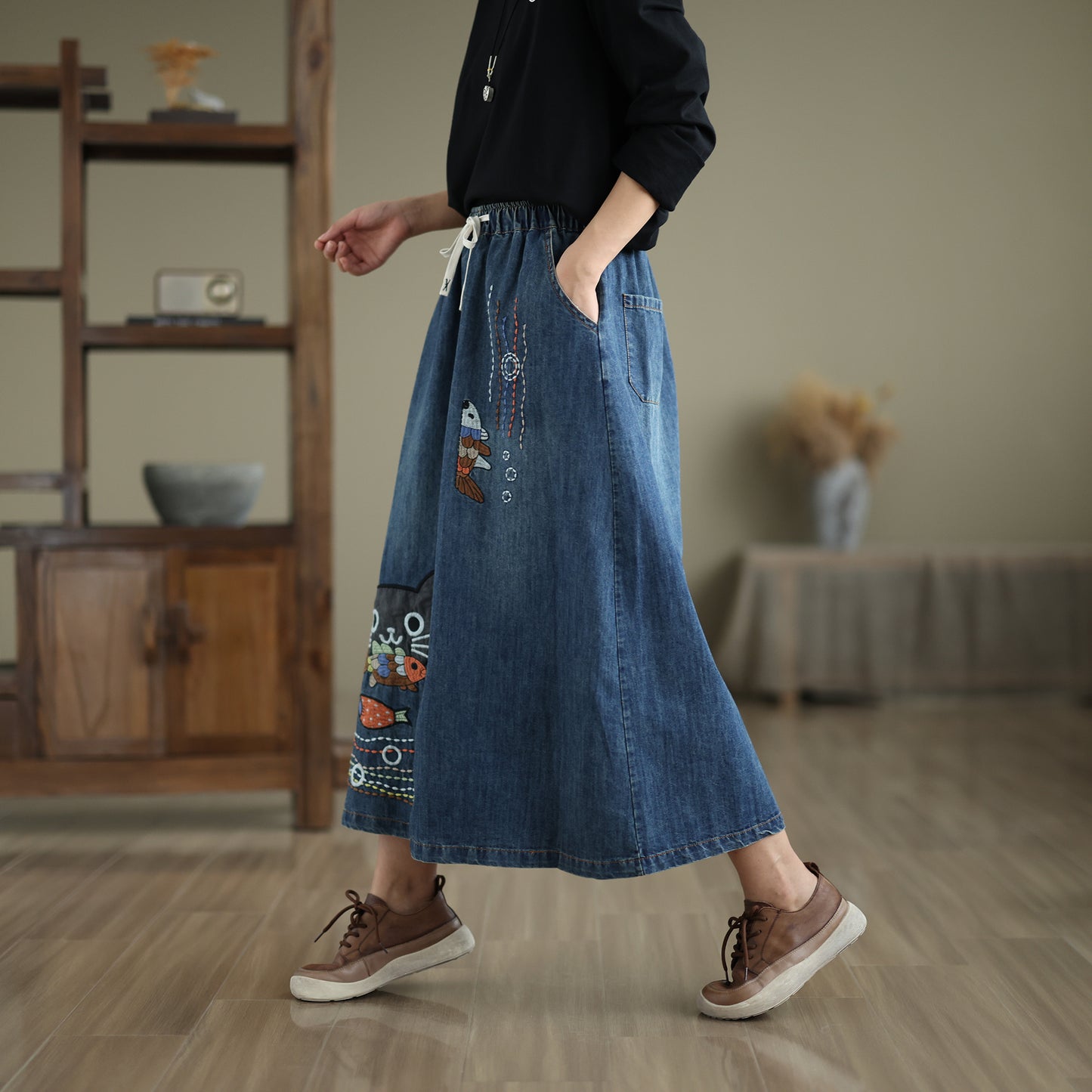 Women's Denim Drawstring Waist Pockets Jean Skirt