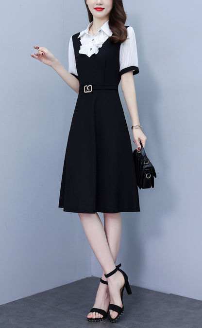 Women's Lapel V-Neck Pocket Short Sleeve Midi Dress - LAI MENG FIVE CATS