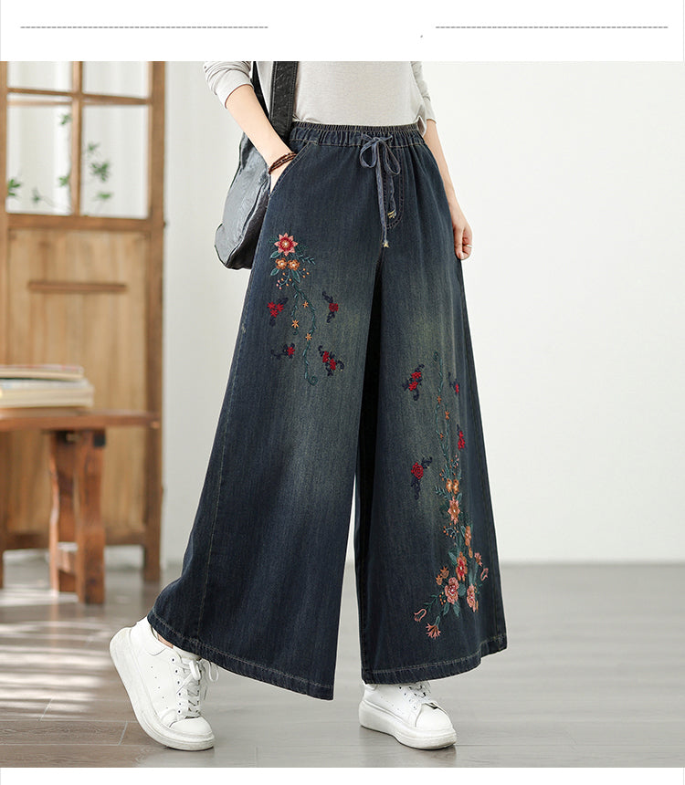 Women's Baggy Wide Leg Jeans Embroidery Pants