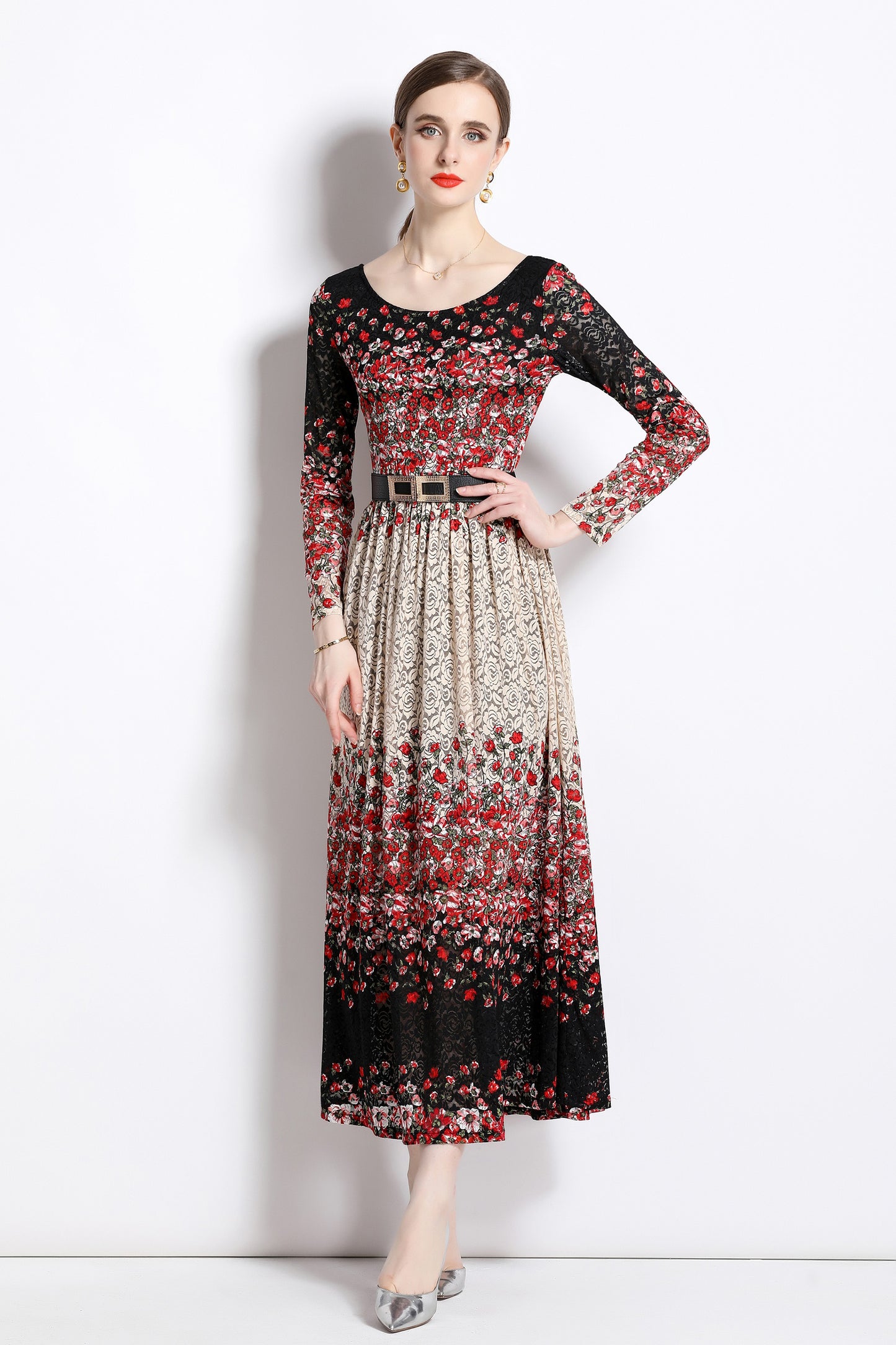 FSY-Women's Lace Floral U Neck Stretchy Maxi Dress