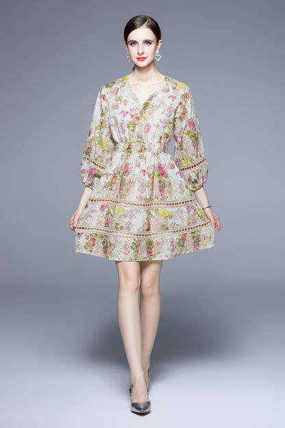 SSY-Women's V-Neck Floral Elastic Waist Button Mini Dress